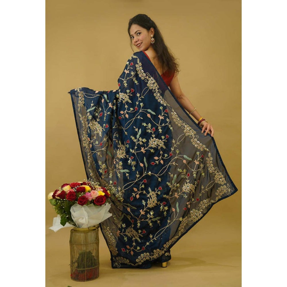 Isadora Life Womens Embroidered Sequined Teal Pre-Draped Saree With Unstitched Blouse