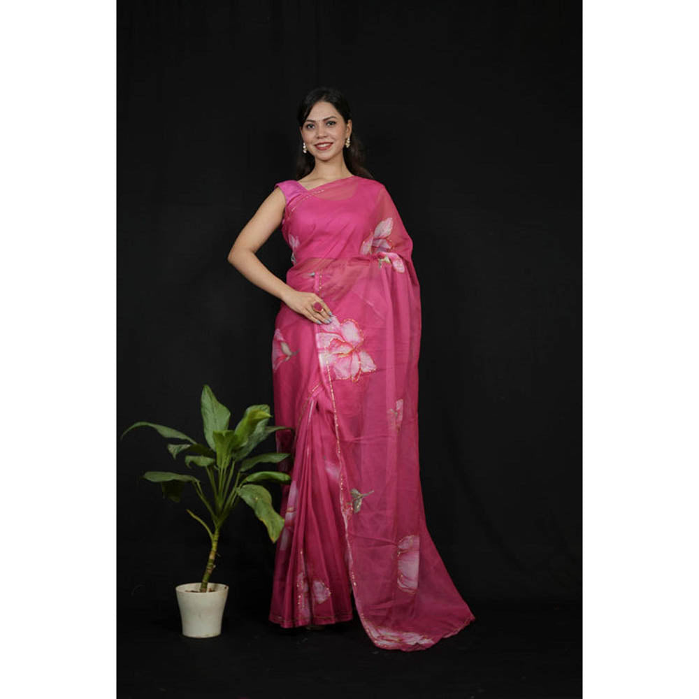 Isadora Life Womens Floral Printed Pink Pre-Draped Saree With Unstitched Blouse