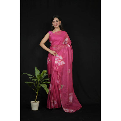 Isadora Life Womens Floral Printed Pink Pre-Draped Saree With Unstitched Blouse