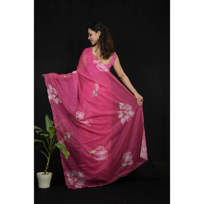 Isadora Life Womens Floral Printed Pink Pre-Draped Saree With Unstitched Blouse