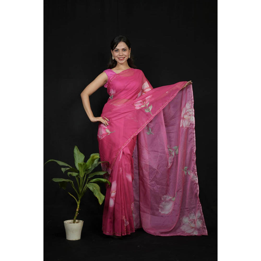 Isadora Life Womens Floral Printed Pink Pre-Draped Saree With Unstitched Blouse