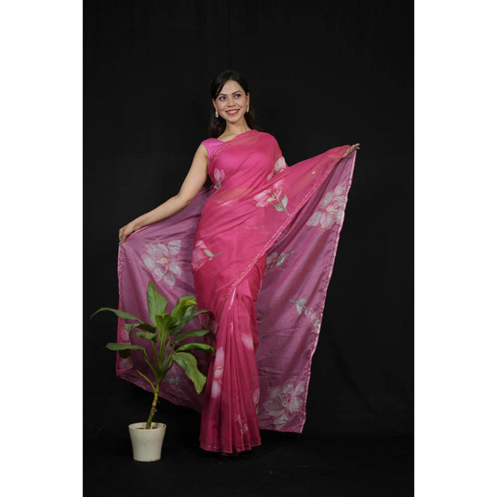 Isadora Life Womens Floral Printed Pink Pre-Draped Saree With Unstitched Blouse