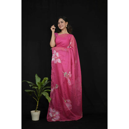 Isadora Life Womens Floral Printed Pink Pre-Draped Saree With Unstitched Blouse
