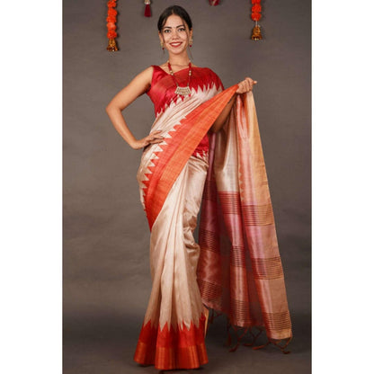 Isadora Life Womens Woven Tassels Beige Pre-Draped Saree With Unstitched Blouse