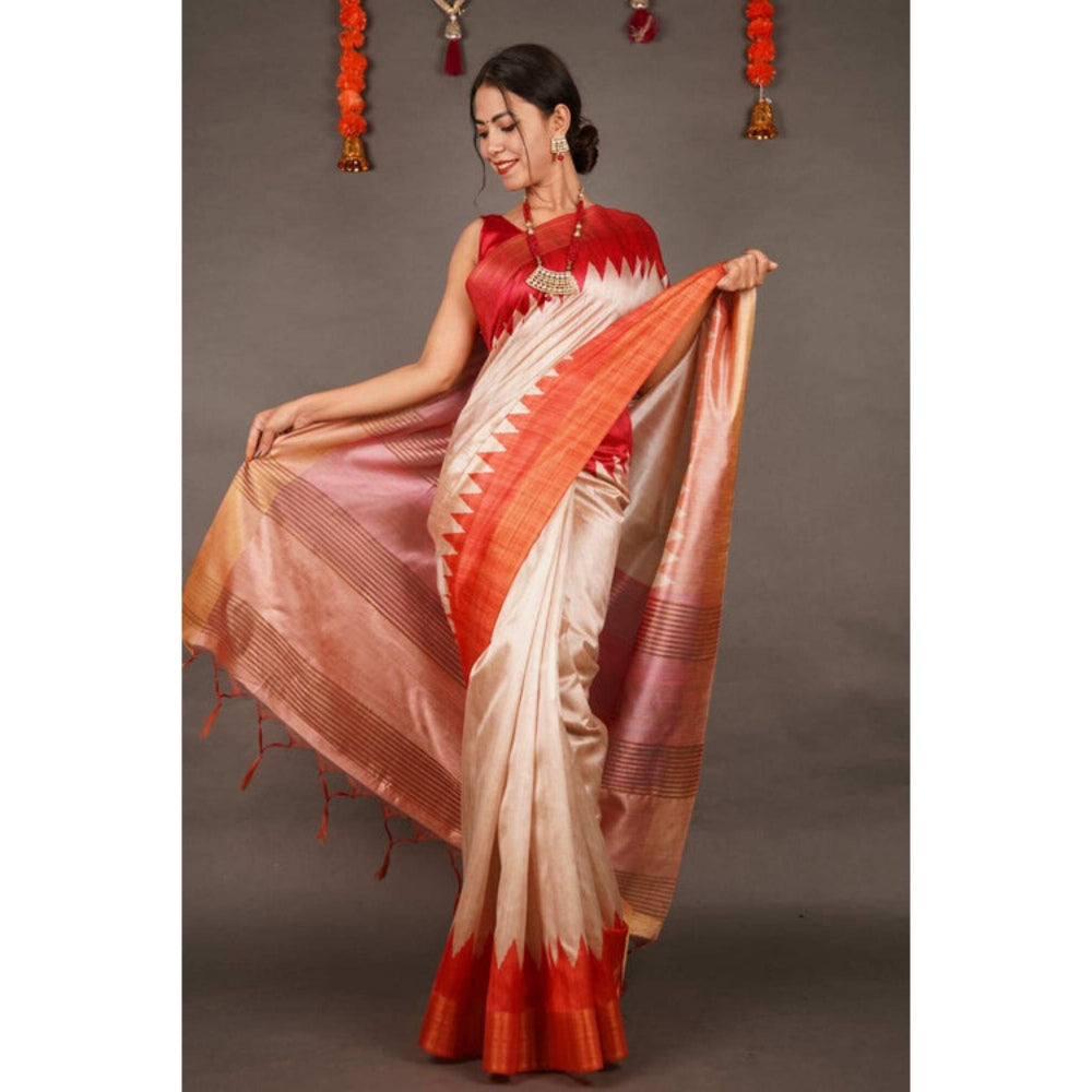 Isadora Life Womens Woven Tassels Beige Pre-Draped Saree With Unstitched Blouse