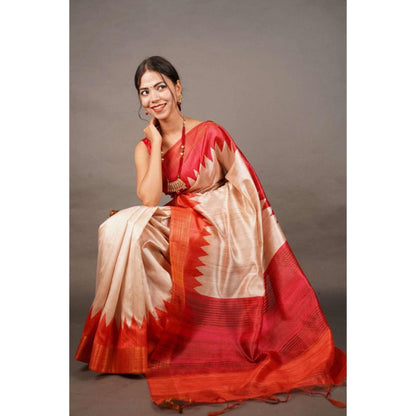 Isadora Life Womens Woven Tassels Beige Pre-Draped Saree With Unstitched Blouse