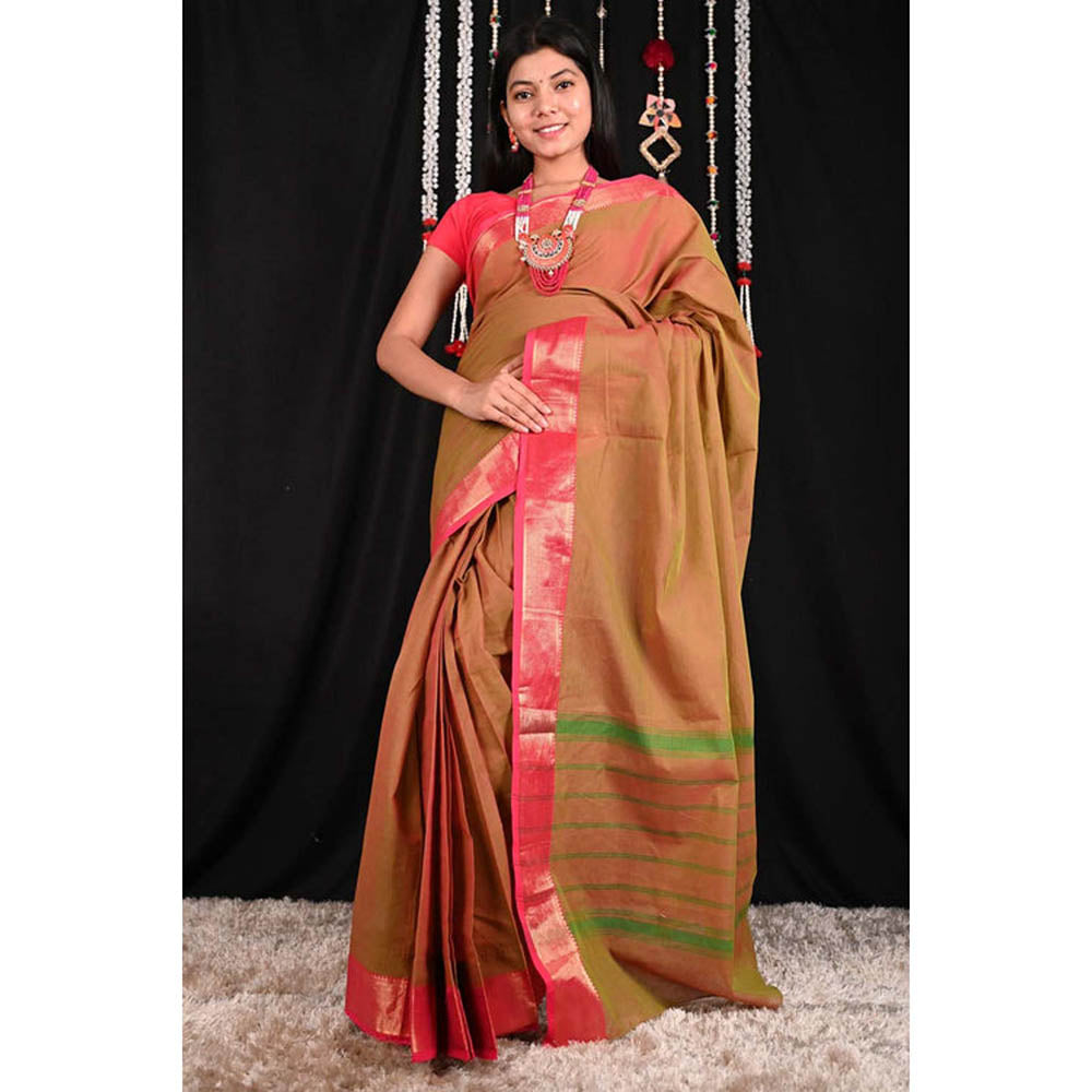 Isadora Life Womens Woven Brown Pre-Draped Saree With Unstitched Blouse