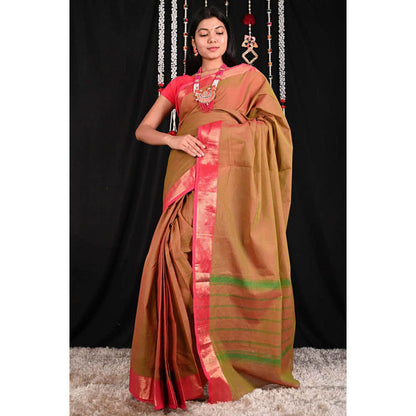 Isadora Life Womens Woven Brown Pre-Draped Saree With Unstitched Blouse