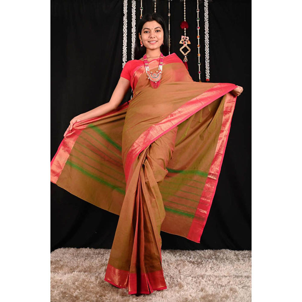 Isadora Life Womens Woven Brown Pre-Draped Saree With Unstitched Blouse