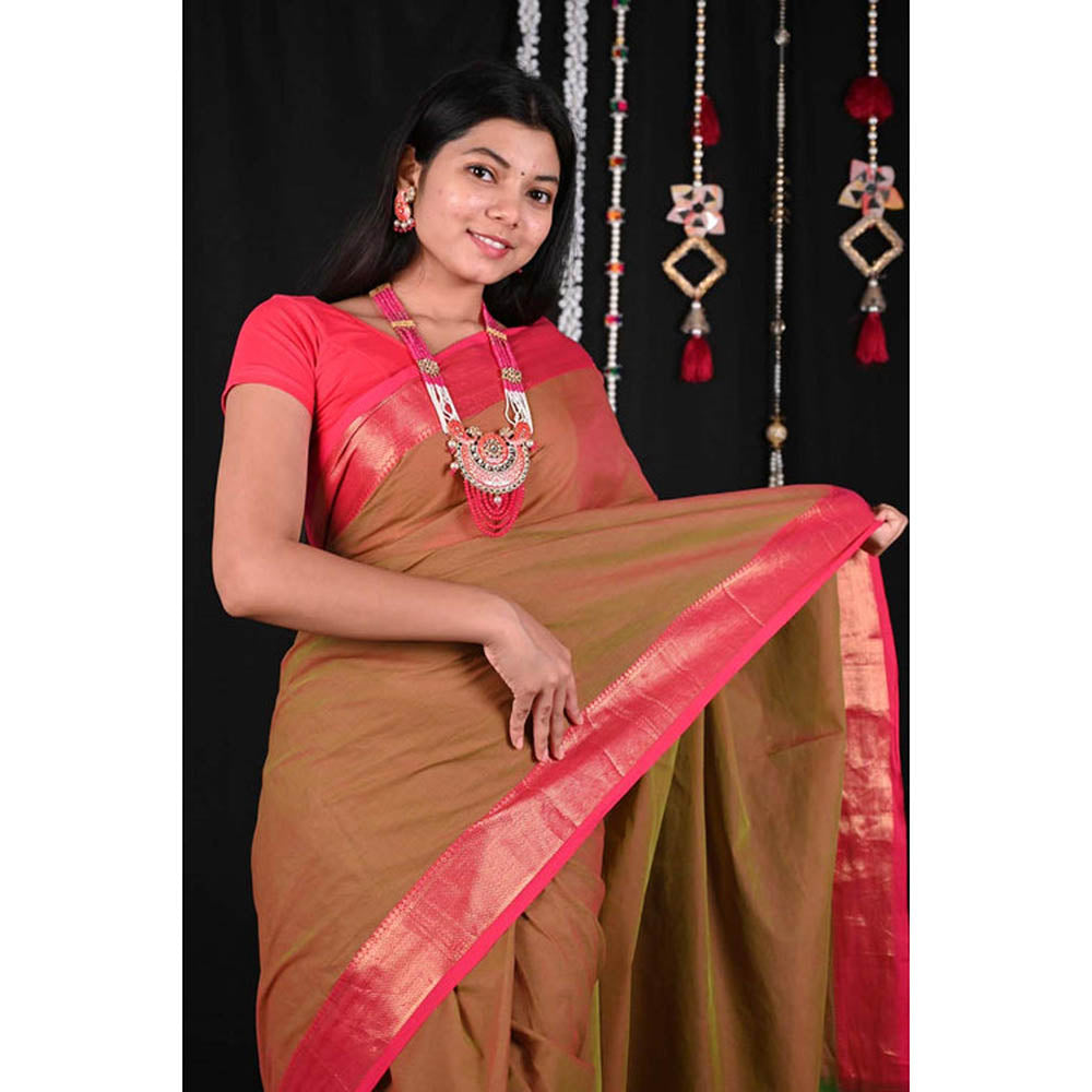Isadora Life Womens Woven Brown Pre-Draped Saree With Unstitched Blouse