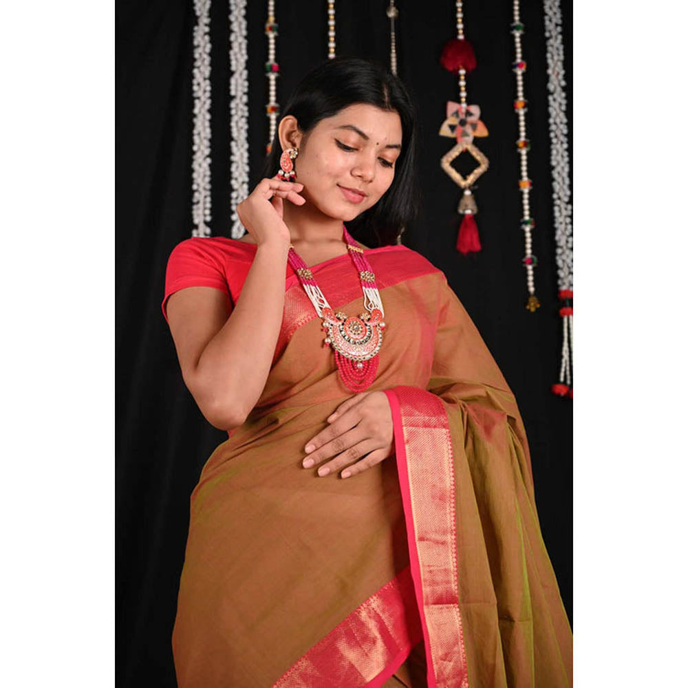 Isadora Life Womens Woven Brown Pre-Draped Saree With Unstitched Blouse