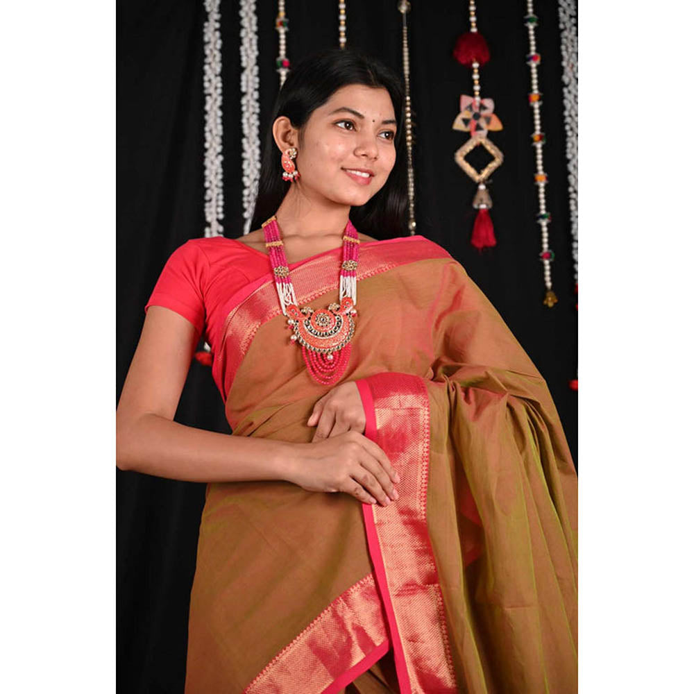 Isadora Life Womens Woven Brown Pre-Draped Saree With Unstitched Blouse