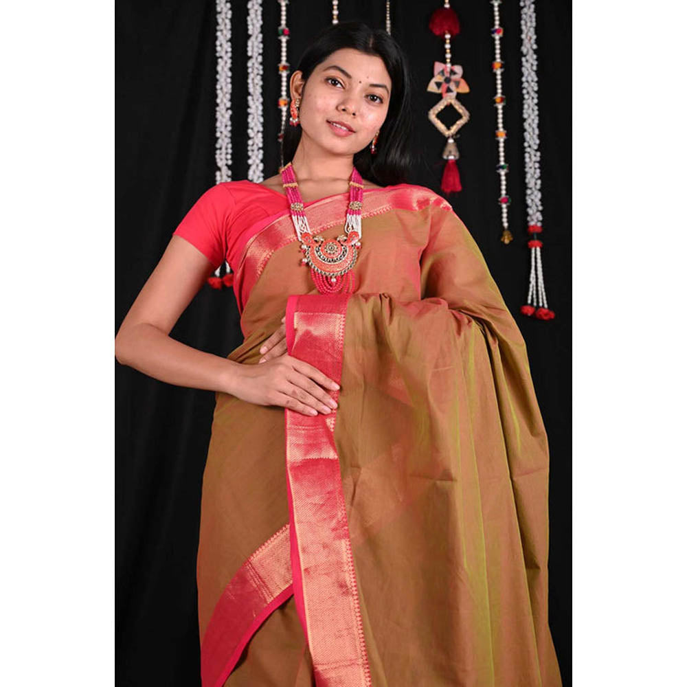 Isadora Life Womens Woven Brown Pre-Draped Saree With Unstitched Blouse