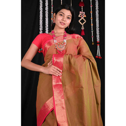 Isadora Life Womens Woven Brown Pre-Draped Saree With Unstitched Blouse