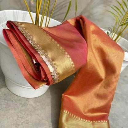 Isadora Life Womens Woven Zari Rose Gold Pre-Draped Saree With Unstitched Blouse