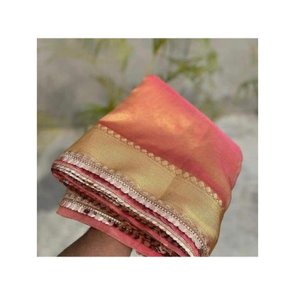 Isadora Life Womens Woven Zari Rose Gold Pre-Draped Saree With Unstitched Blouse