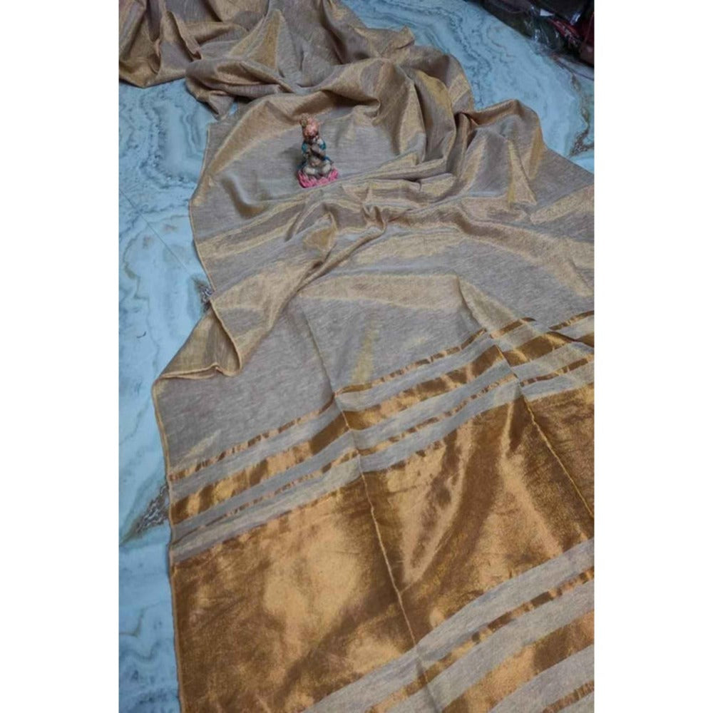 Isadora Life Womens Woven Zari Beige Pre-Draped Saree With Unstitched Blouse