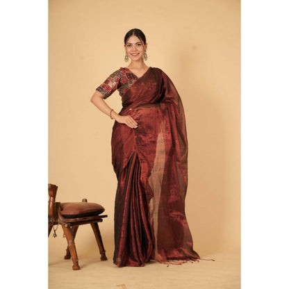 Isadora Life Womens Woven Zari Maroon Pre-Draped Saree With Unstitched Blouse
