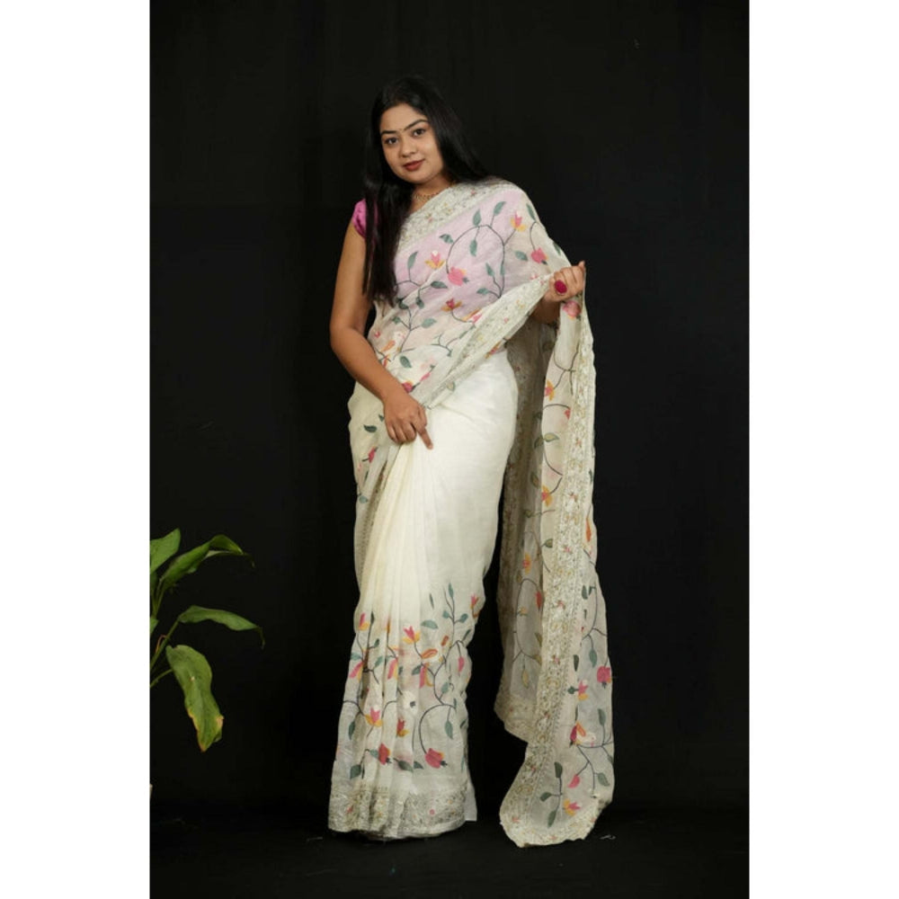 Isadora Life Womens Embroidered Sequined White Pre-Draped Saree With Unstitched Blouse