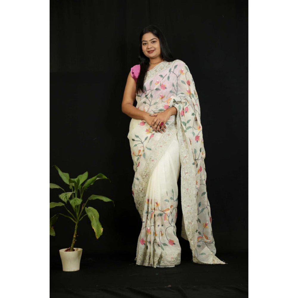 Isadora Life Womens Embroidered Sequined White Pre-Draped Saree With Unstitched Blouse