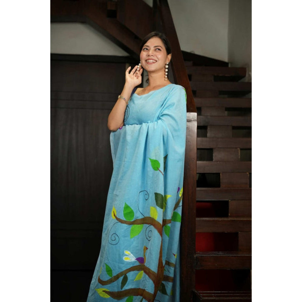 Isadora Life Womens Printed Tassels Blue Pre-Draped Saree With Unstitched Blouse