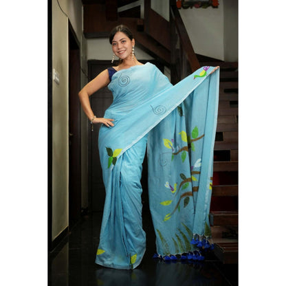 Isadora Life Womens Printed Tassels Blue Pre-Draped Saree With Unstitched Blouse