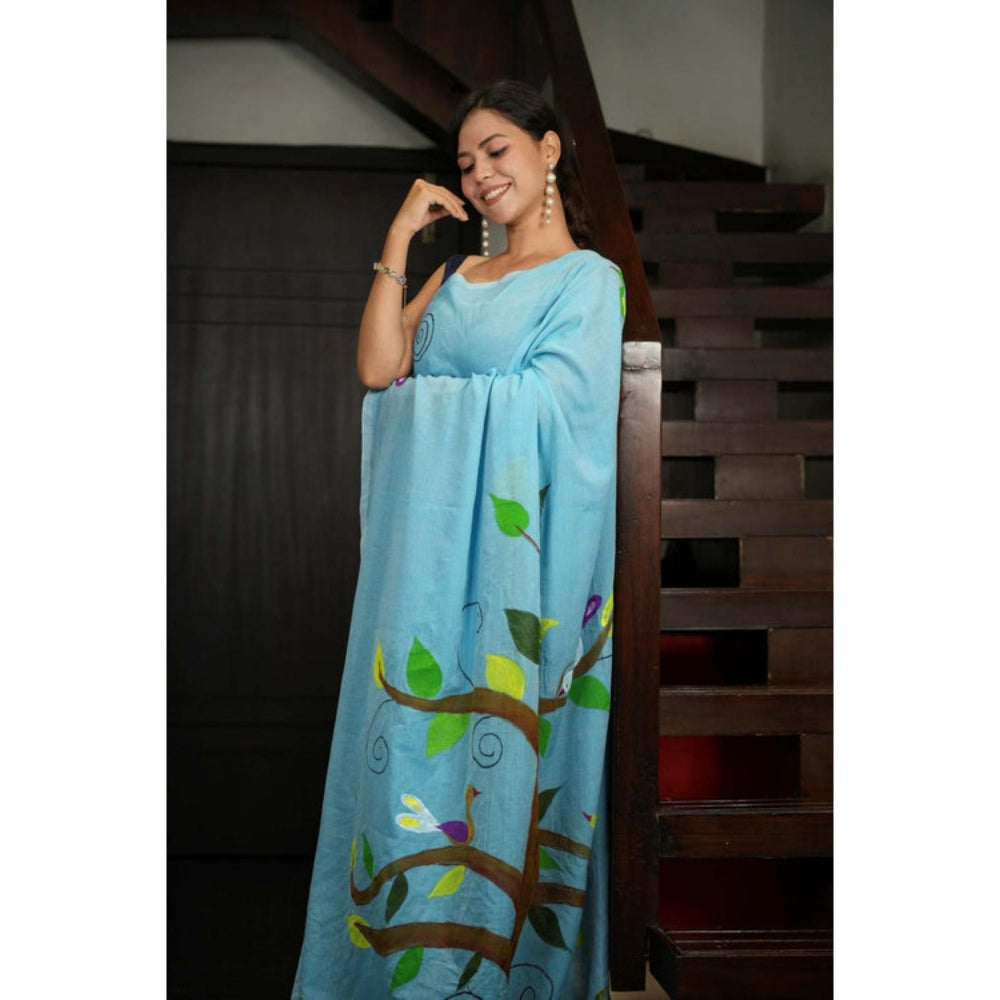 Isadora Life Womens Printed Tassels Blue Pre-Draped Saree With Unstitched Blouse