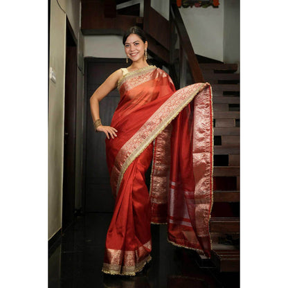 Isadora Life Womens Woven Zari Red Pre-Draped Saree With Unstitched Blouse
