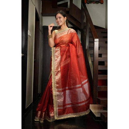 Isadora Life Womens Woven Zari Red Pre-Draped Saree With Unstitched Blouse