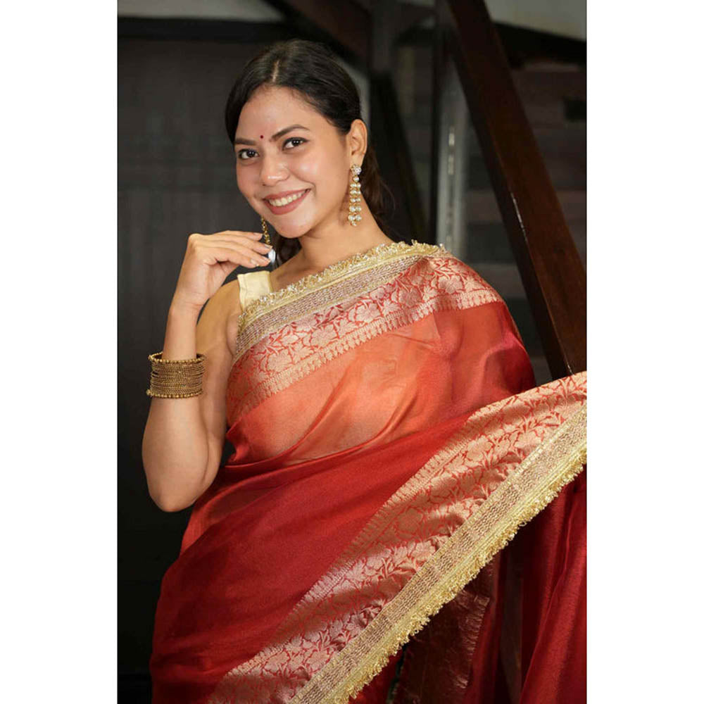 Isadora Life Womens Woven Zari Red Pre-Draped Saree With Unstitched Blouse