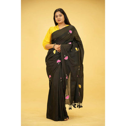 Isadora Life Womens Embroidered Tassels Black Pre-Draped Saree With Unstitched Blouse