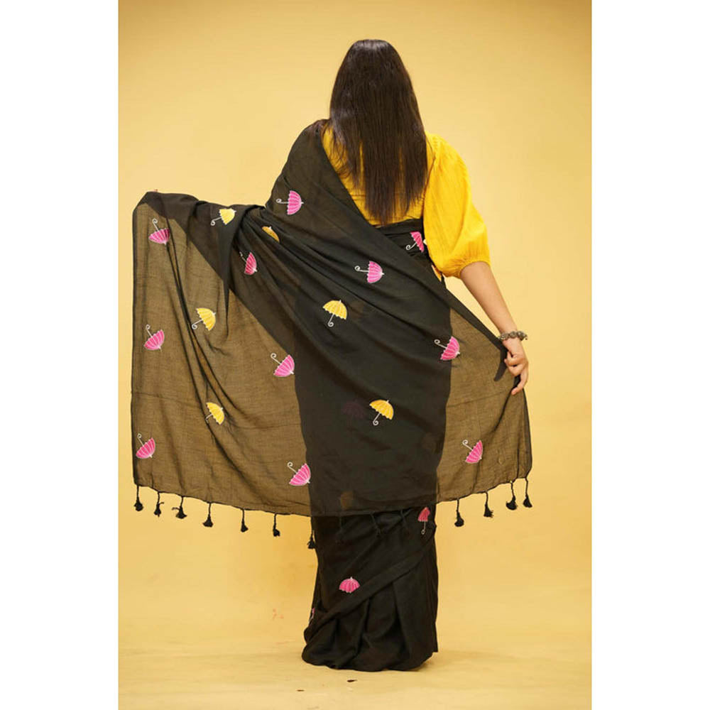 Isadora Life Womens Embroidered Tassels Black Pre-Draped Saree With Unstitched Blouse