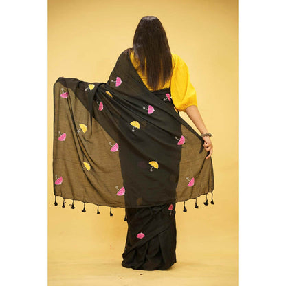 Isadora Life Womens Embroidered Tassels Black Pre-Draped Saree With Unstitched Blouse