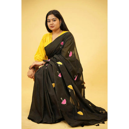 Isadora Life Womens Embroidered Tassels Black Pre-Draped Saree With Unstitched Blouse