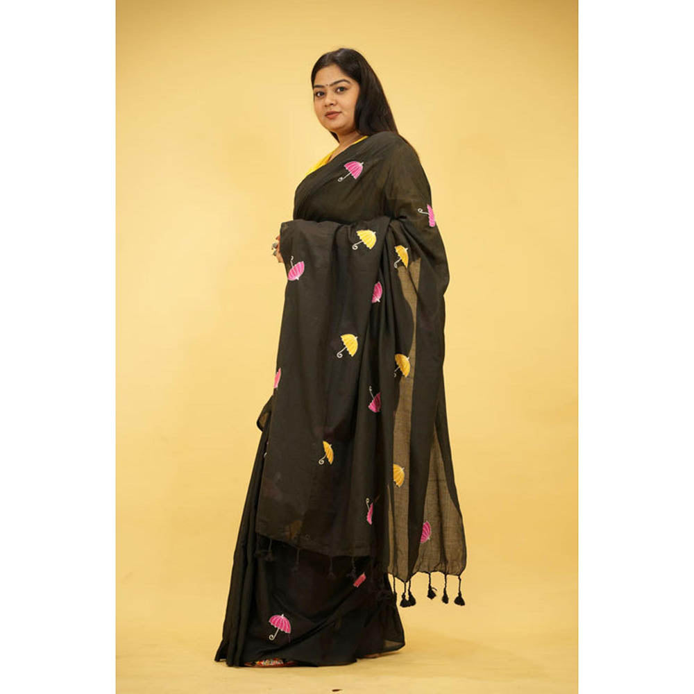 Isadora Life Womens Embroidered Tassels Black Pre-Draped Saree With Unstitched Blouse
