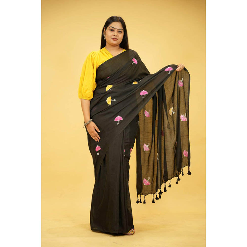 Isadora Life Womens Embroidered Tassels Black Pre-Draped Saree With Unstitched Blouse
