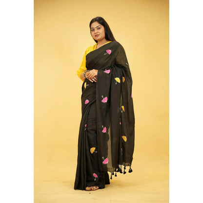 Isadora Life Womens Embroidered Tassels Black Pre-Draped Saree With Unstitched Blouse