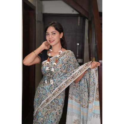 Isadora Life Womens Printed Grey Pre-Draped Saree With Unstitched Blouse