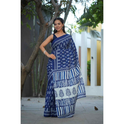 Isadora Life Womens Printed Blue Pre-Draped Saree With Unstitched Blouse