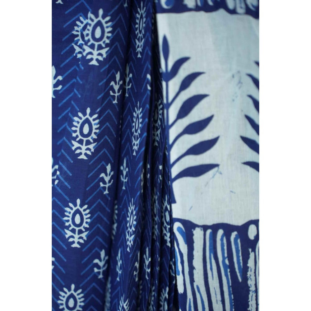 Isadora Life Womens Printed Blue Pre-Draped Saree With Unstitched Blouse