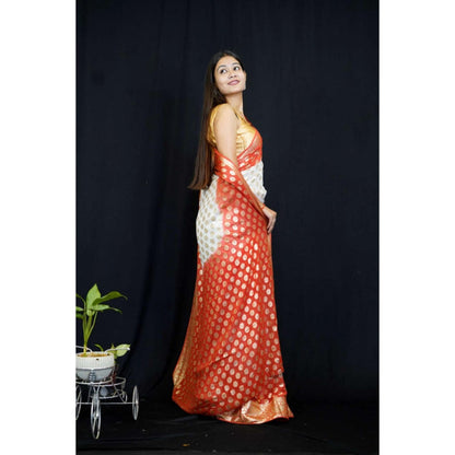 Isadora Life Womens Zari Printed White Pre-Draped Saree With Unstitched Blouse