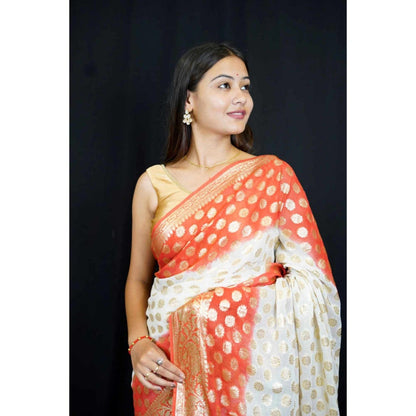 Isadora Life Womens Zari Printed White Pre-Draped Saree With Unstitched Blouse