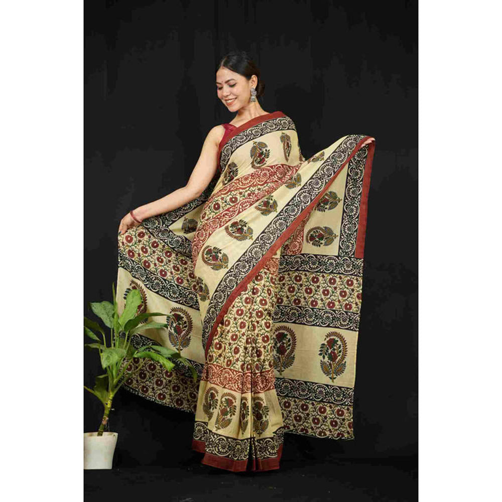 Isadora Life Womens Printed Beige Pre-Draped Saree With Unstitched Blouse