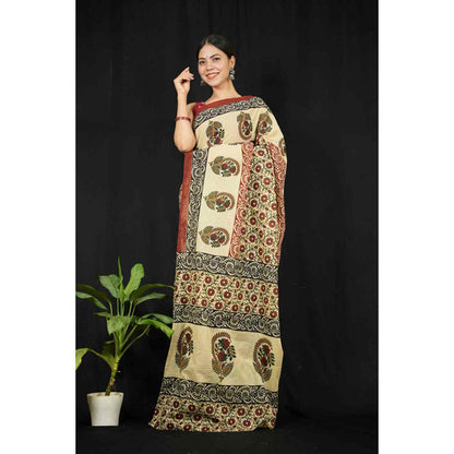 Isadora Life Womens Printed Beige Pre-Draped Saree With Unstitched Blouse