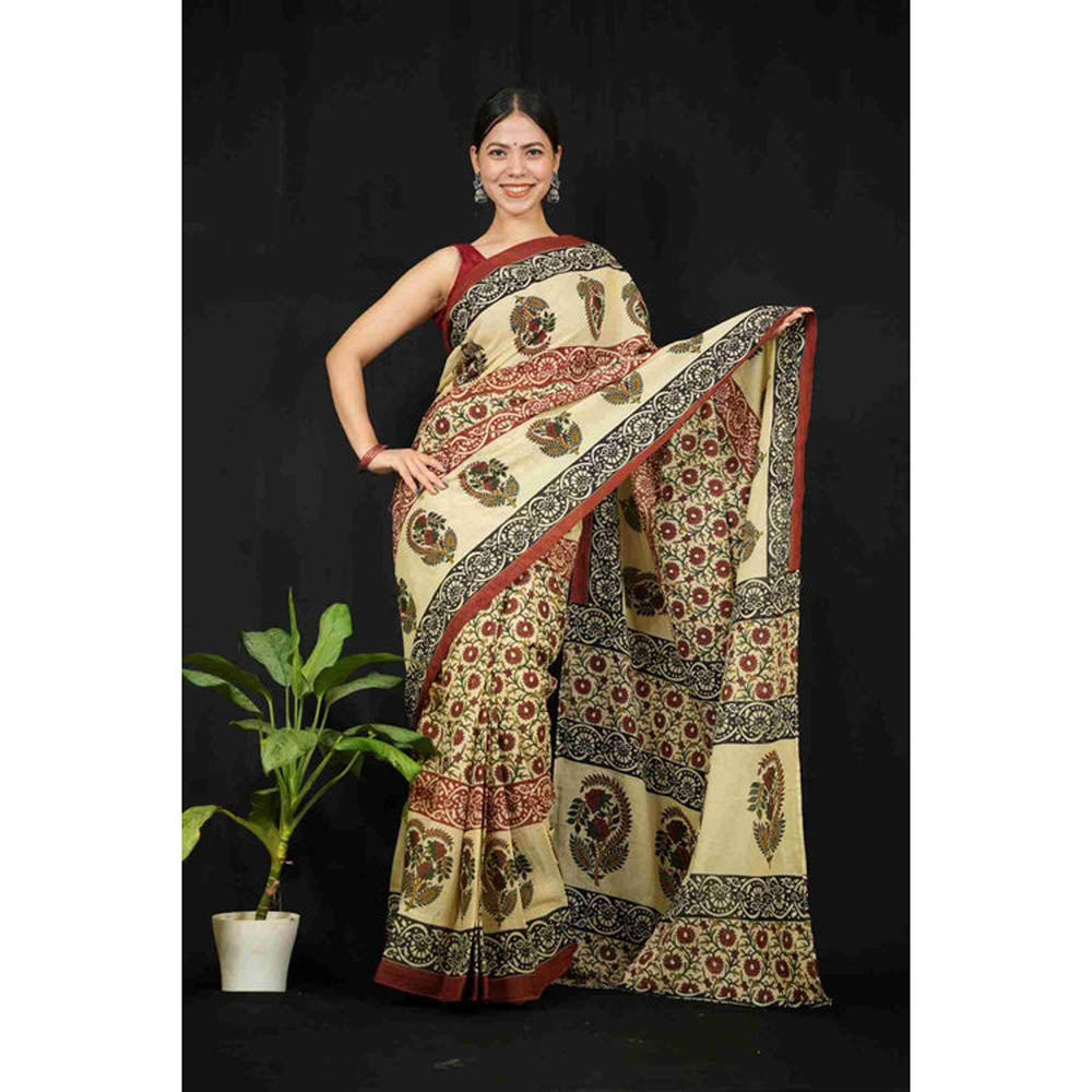 Isadora Life Womens Printed Beige Pre-Draped Saree With Unstitched Blouse