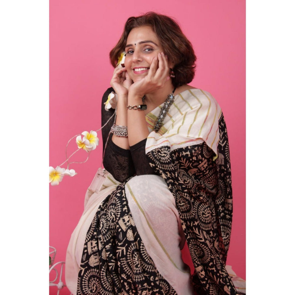 Isadora Life Womens Printed Stripes White Pre-Draped Saree With Unstitched Blouse