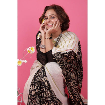 Isadora Life Womens Printed Stripes White Pre-Draped Saree With Unstitched Blouse