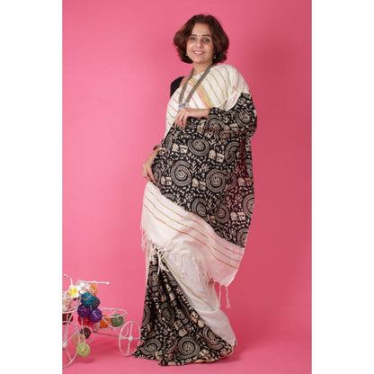 Isadora Life Womens Printed Stripes White Pre-Draped Saree With Unstitched Blouse