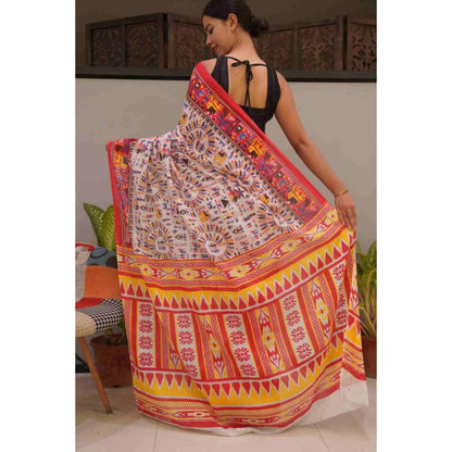 Isadora Life Womens Printed Beige Pre-Draped Saree With Unstitched Blouse