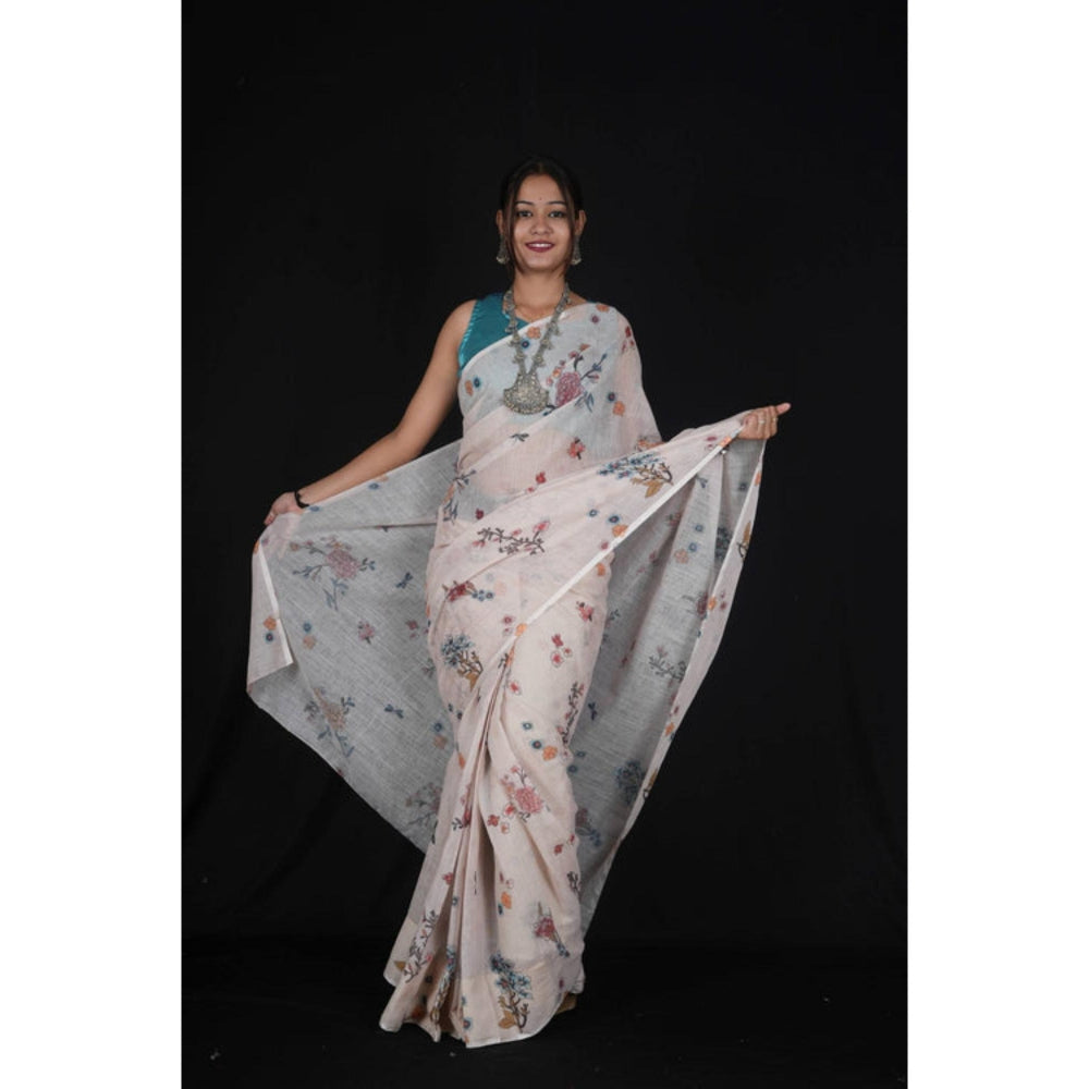 Isadora Life Womens Floral Printed Off White Pre-Draped Saree With Unstitched Blouse